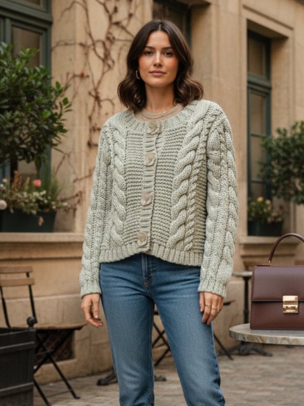 Elie Tahari Sage Green Cable Knit Cardigan Approx Size 4 Floral Snap Sweater
